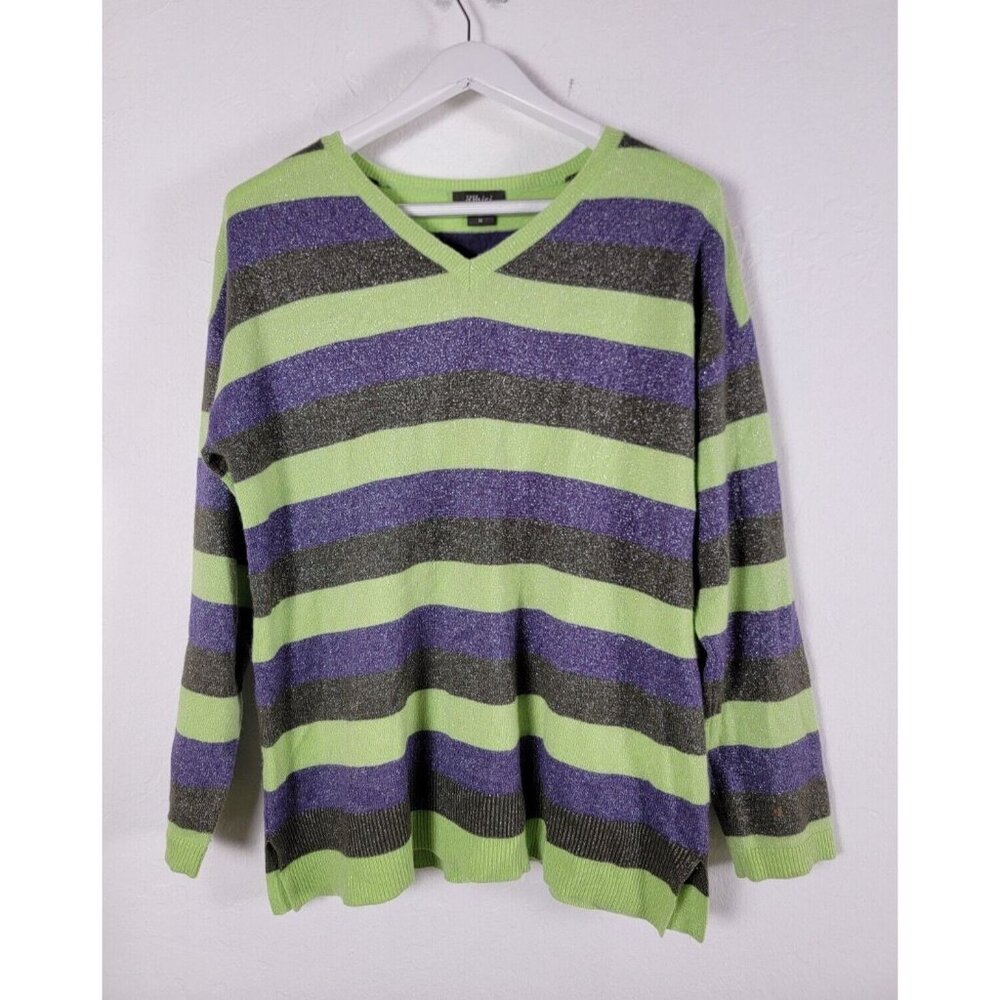 Pure Amici Womens Cashmere Striped V-Neck Sweater Medium Green/Purple/Gray Cozy